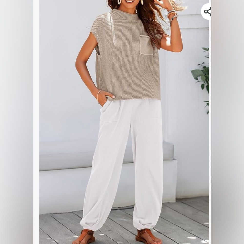 Two piece lounge set with short boxy  crop top and tapered pant.